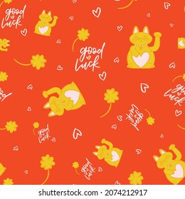 Lucky Cat Pattern With Clovers And Hearts In Yellow Over Red Lettering Background Print Design. Pop Art Vector Illustration. Fun And Cute Seamless Repeat Surface Design For Girls, Kids And Kitsch Home