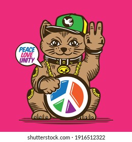 Lucky Cat Peace Symbol Love Unity Vector Illustration