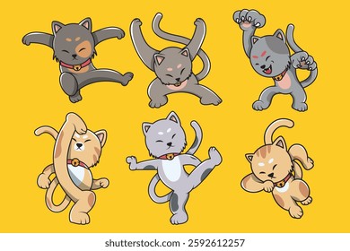 The lucky cat set group character vector is doing funny martial arts movements with different characters and movements
