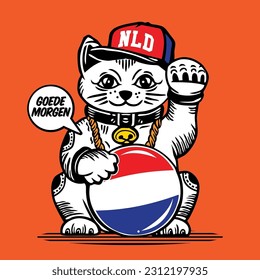 Lucky Cat Vector Illustration Netherlands Flag 