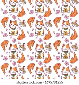 Lucky cat vector, Seamless pattern Maneki-neko, Japanese culture