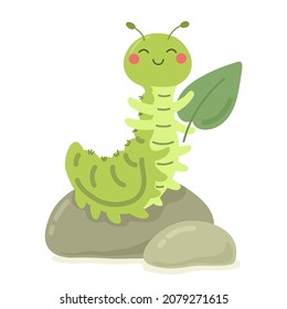 Lucky caterpillar on a pebble with a leaf. Children's vector illustration, print. Vector.