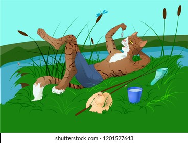 Lucky cat-fisherman caught fish and resting on the grass.
