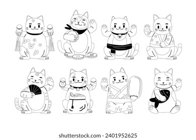 Lucky Cats Maneki Neko Linear Vector Icons Feature Beckoning Feline Figures With Raised Paws, Symbolizing Good Fortune