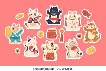 Lucky Cats Maneki Neko Stickers Feature Adorable, Beckoning Feline Characters With Traditional Japanese Motifs