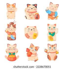 Lucky cats. Traditional japanese cat statuettes, maneki neko japan kitten, cartoon money or fortune chinese souvenirs, funny asian smile doll with coins, neat vector illustration of lucky statuette svg