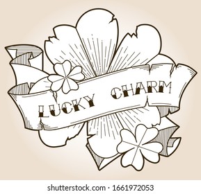 Lucky charm four-leaf clovers with a ribbon, outline vector illustration