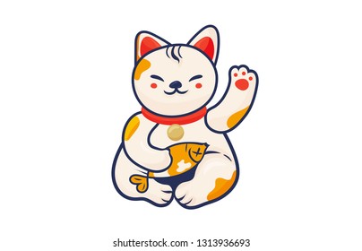 Lucky charm japanese talisman beckoning cat Maneki Neko isolated. Maneki-neko beckoning kitty. Maneki Neko vector illustration made in flat cartoon style.