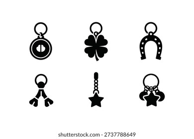 Lucky Charm Keyring Icons Set Horseshoe Clover Star Wishbone Amulet Silhouettes