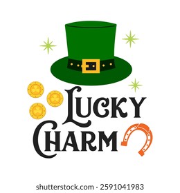 Lucky charm quote. Happy St. Patrick's day set in cartoon style. Green hat, gold coins and a horseshoe on white background. Vector flat illustration.