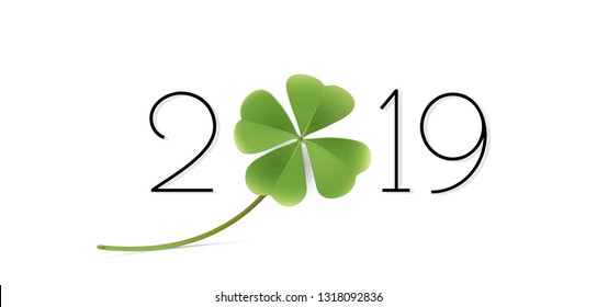 Lucky charm shamrock,
New Year's card for 2019,
Vector illustration isolated on white background