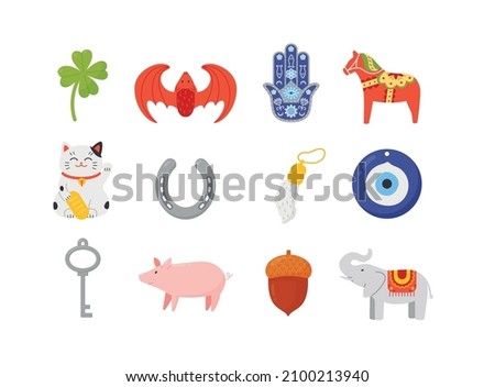 Lucky Charms and amulets icons collection. Set of amulets for good luck or fortune charms, magic talismans, flat cartoon vector illustration isolated on white background.