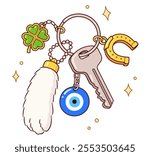 Lucky charms and good luck amulets on keychain and keyring with house key. Horseshoe, clover, evil eye, rabbit foot. Cartoon drawing, vector clip art illustration.