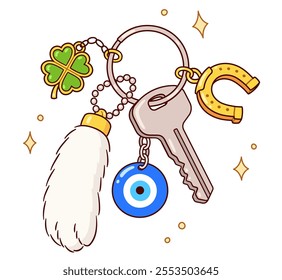 Lucky charms and good luck amulets on keychain and keyring with house key. Horseshoe, clover, evil eye, rabbit foot. Cartoon drawing, vector clip art illustration.