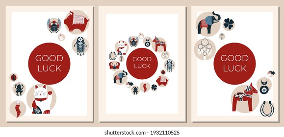 Lucky charms, symbols, amulets, talismans. Good luck symbols banner. Symbols of good fortune, prosperity and success. Horseshoe, clover, rabbit foot; acorn; evil eye; maneki Neko; key; red bat, dala