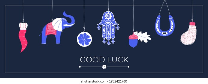 Lucky Charms, Symbols, Amulets, Talismans. Good Luck Symbols Banner. Symbols Of Good Fortune, Prosperity And Success Hanging. Horseshoe, Clover, Rabbit Foot, Acorn.