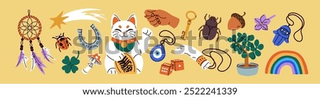 Lucky charms and symbols set. Fortune amulets, horseshoe, dice, shooting star, hamsa, dreamcatcher, evil eye, magic protection talismans for good luck and success. Isolated flat vector illustrations