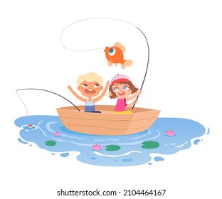 Lucky children caught fish with fishing rod vector illustration. Cartoon cute kids sitting in boat, floating in river pond or lake with reeds, happy anglers playing outdoor with fun isolated on white