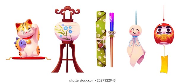 Sortudo gato chinês e boneca vermelha daruma bonito. China sorte carpa para a celebração do festival. Símbolo da fortuna asiática com ornamento pendurado na corda. Pata de gatinho Kawaii. Design gráfico japonês com vara e gatinho