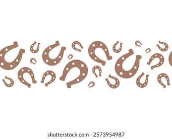 Lucky chocolate horseshoe. Brown silhouette. Seamless single horizontal border. Endless vector pattern. Isolated colorless background. Symbol of luck. Continuous ornament. Flat style. Abstract image. 