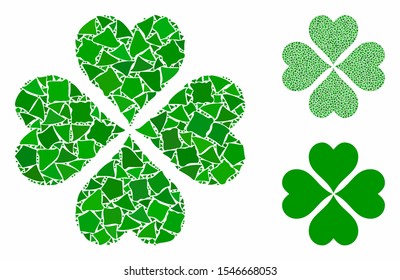 Lucky cloever mosaic of raggy elements in various sizes and shades, based on lucky cloever icon. Vector uneven elements are united into composition. Lucky cloever icons collage with dotted pattern.