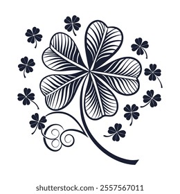 Lucky Clover Cluster Four-Leaf Clover Silhouette with Decorative Botanical Arrangement