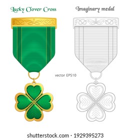 Lucky Clover Cross. Fantasy medal of the Four-leaf Shamrock. Imaginary award for celebrating of Saint Patrick's Day. Original concept of Irish Order. Green and gold decoration; coloring for papercut.