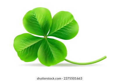 Flor de trébol afortunado. Shamrock de 4 hojas realista, símbolo de festival floral de cuatro hojas, signo de suerte irlandesa, trébol verde 4 pétalos elemento vector aislado