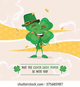 Lucky clover laughing under the rain of golden coins