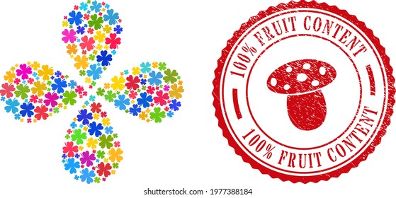 Lucky clover leaf colorful exploding flower shape, and red round 100 percent FRUIT CONTENT rubber stamp print. Lucky clover leaf symbol inside round stamp print.