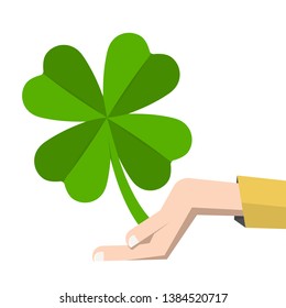 Lucky Clover Leaf in Human Hand Vector Illustration