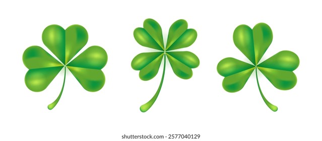 Lucky clover leaf set in realistic style. Green single shamrock and quatrefoil in cartoon style. Vector illustration isolated in white background