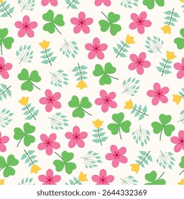 Lucky clover leaves and pink flowers seamless pattern. Floral surface design of scandi flowers and shamrock. Allover print foliage texture on cream color background for St. Patrick’s Day.