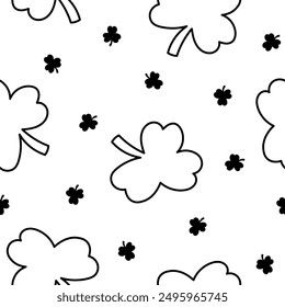 Lucky clover. Seamless pattern. Coloring Page. Traditional Irish symbol for St. Patrick s day. Hand drawn style. Vector drawing. Design ornaments.