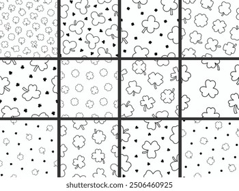 Lucky clover. Seamless pattern. Coloring Page. Traditional Irish symbol for St. Patrick s day. Hand drawn style. Vector drawing. Collection of design ornaments.