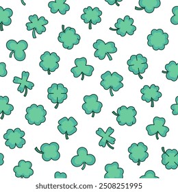 Lucky clover. Seamless pattern. Traditional Irish symbol for St. Patrick s day. Hand drawn style. Vector drawing. Design ornaments.