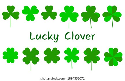 Lucky Clover Set of clover leaves in cartoon style. Flat vector illustration. Symbol of good luck, happiness. St. Patrick Day. Shamrock or clover with three and four petals. Isolated on a white.