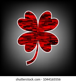 Lucky clover sign. Vector. Icon with white contour and texture from red rectangles at grayish background.