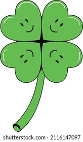 Lucky Clover for St. Patrick's Day. Cartoon Four leaf clover icon with cute faces. Vector Illustration concept.