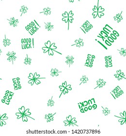 Lucky clovers doodle seamless pattern. Good luck texture background.