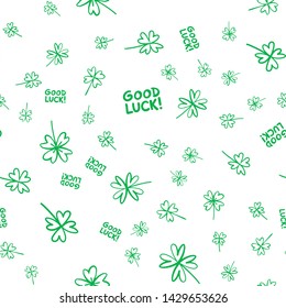 Lucky clovers doodle seamless pattern. Good luck texture background.