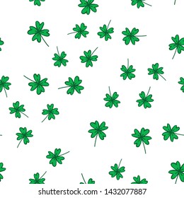 Lucky clovers doodle seamless pattern. Good luck texture background.