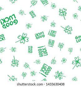 Lucky clovers doodle seamless pattern. Good luck texture background.