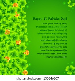 Lucky clovers with golden coins Saint Patrick's Day green background
