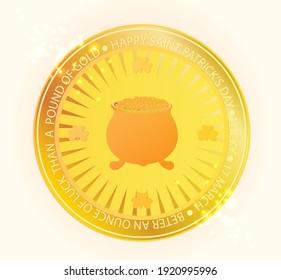 
Lucky coin. Gold coin with clover and a pot of money. Saint Patrick's Day holiday symbol