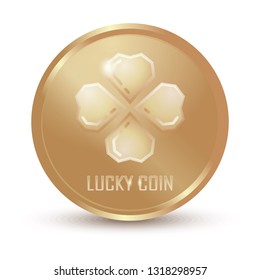 Lucky coin. Gold coin with the image of four-leaf clover. Vector illustration isolated on white