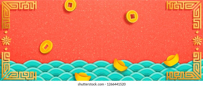 Lucky coins and gold ingot falling from sky, wavy tides on orange background