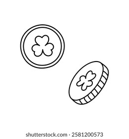 Lucky coins with shamrocks. Irish design elements. St Patricks Day symbol. Vector doodle illustration. Fortune coins isolated.