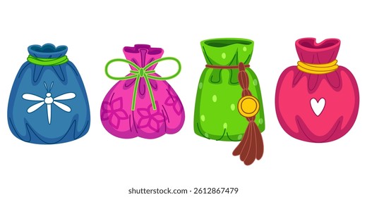 Lucky colorful stylized pouches set - blue drawstring bag, pink sack tied ribbon bow, bright green pouch with pendant golden talisman, red purse. Cartoon oriental traditional holiday accessory.