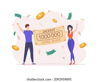 Lucky Couple Celebrating Lottery Win Holding Bank Check Jackpot Million. Happy Man And Woman Enjoying Financial Success With Raised Hands Surrounded By Falling Cash Money Dollar And Coin Vector Flat